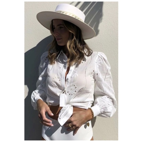 Boho embroidered eyelet button up Blouse White - Picture 2 of 11